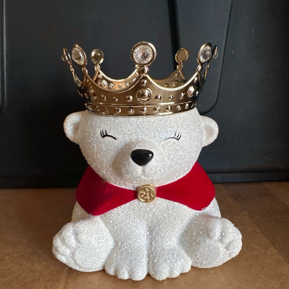 Bath & Body Works White Glitter Bear with Gold Crown and Red Cape Accent